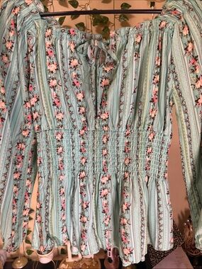 Mint Floral Smocked Peasant Blouse